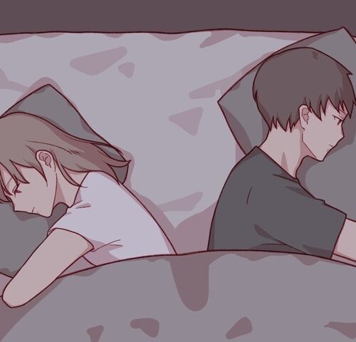 ベッドで背中合わせに眠るカップルが心の距離を感じている様子を描いたイメージ