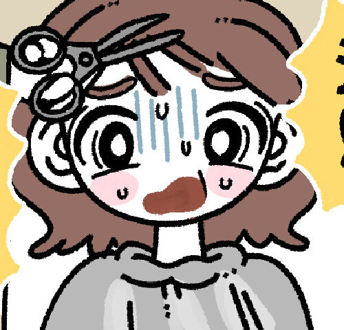 美容院で断りなく前髪を切られて驚いている女性のイラスト