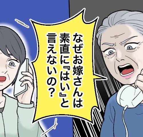 電話で「なぜお嫁さんは素直に『はい』と言えないの？」と詰め寄る義母と、受話器越しに困惑する実母の様子