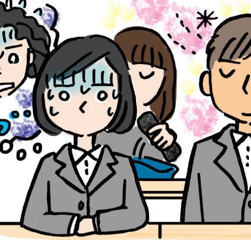 隣の席の男子生徒の香水のにおいに耐えられず顔が青ざめている女子生徒と、その背後で備長炭の消臭剤を取り出す別の女子生徒のイラスト