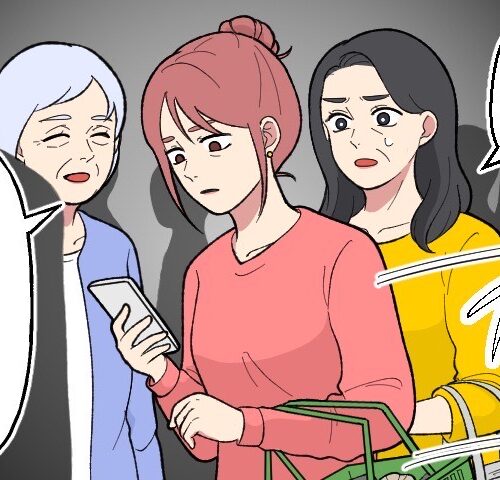 レジ待ちの列に割り込まれ、何も言えずにいる女性と、「あの、すみません」と穏やかに声をかける別の高齢女性